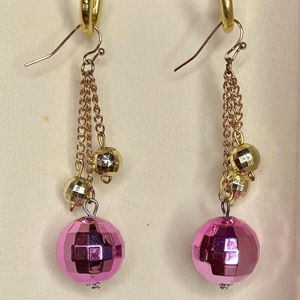 Pink and gold disco ball earrings